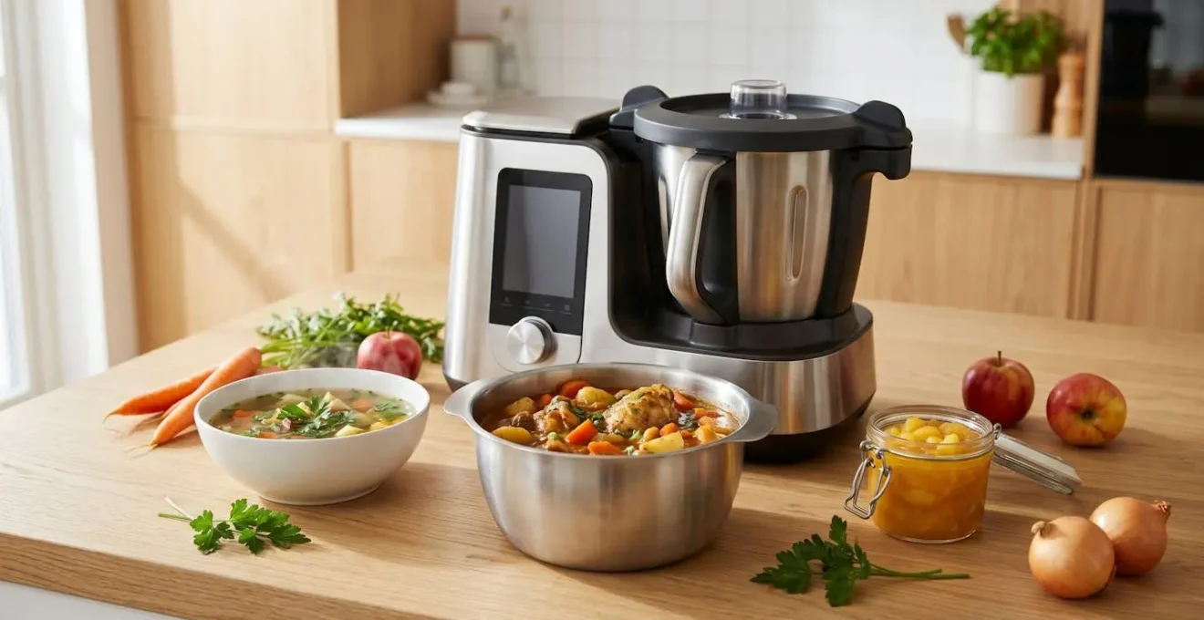 Robot cuiseur multifonction sur plan de travail en bois clair entouré de trois plats terminés - bol de soupe aux légumes fumante, plat de poulet mijoté dans la cuve, compote de fruits en bocal - avec ingrédients frais disposés naturellement autour dans une cuisine moderne