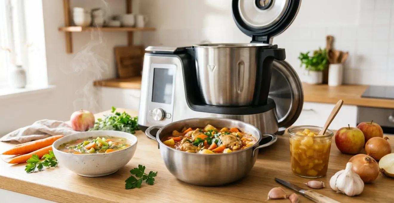 Robot cuiseur multifonction sur plan de travail en bois clair entouré de trois plats terminés - bol de soupe aux légumes fumante, plat de poulet mijoté dans la cuve, compote de fruits en bocal - avec ingrédients frais disposés naturellement autour dans une cuisine moderne