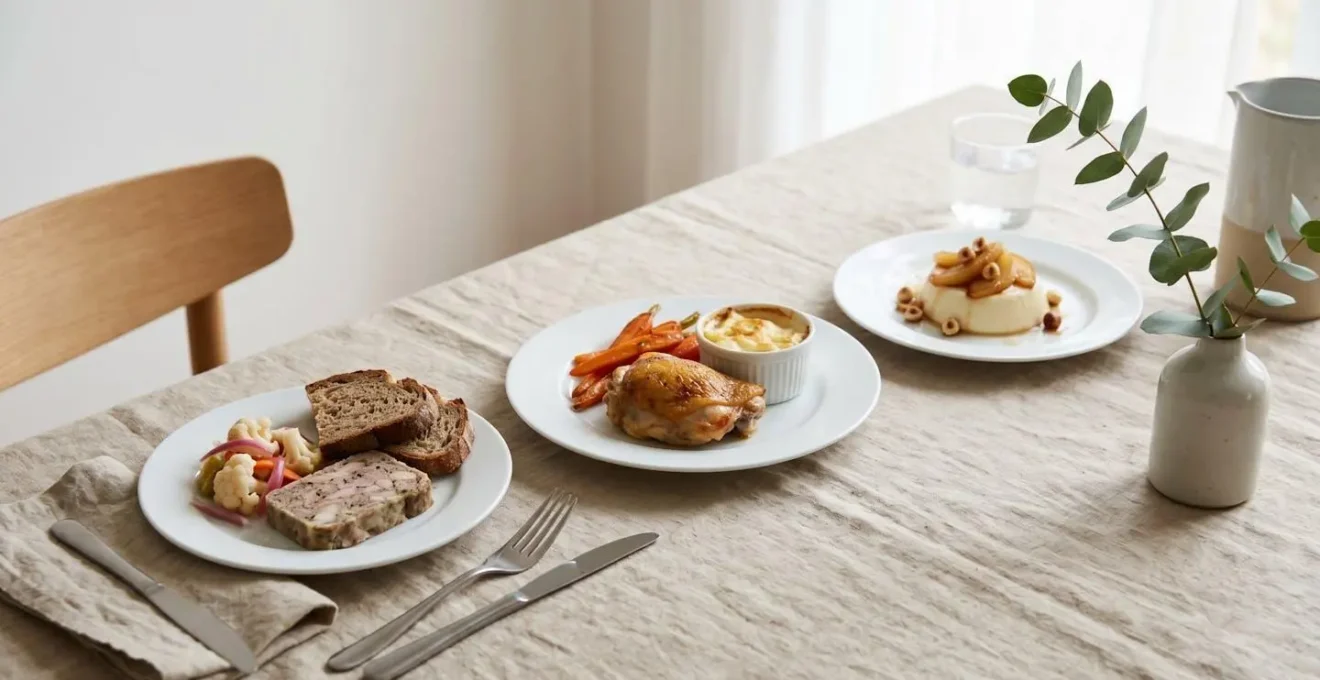 Table dressée avec nappe lin naturel présentant trois assiettes blanches d'un menu dominical complet - terrine en entrée, volaille rôtie accompagnée en plat principal, dessert crémeux aux fruits caramélisés